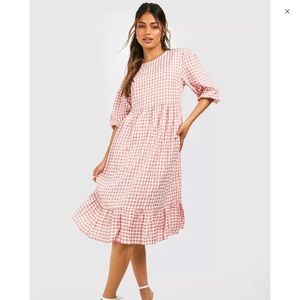 Boohoo gingham puff sleeve frill hem midi smock dress